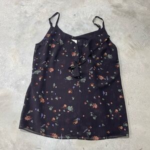 cAbi Womens Tank Ruffle top blouse black floral striped size Medium